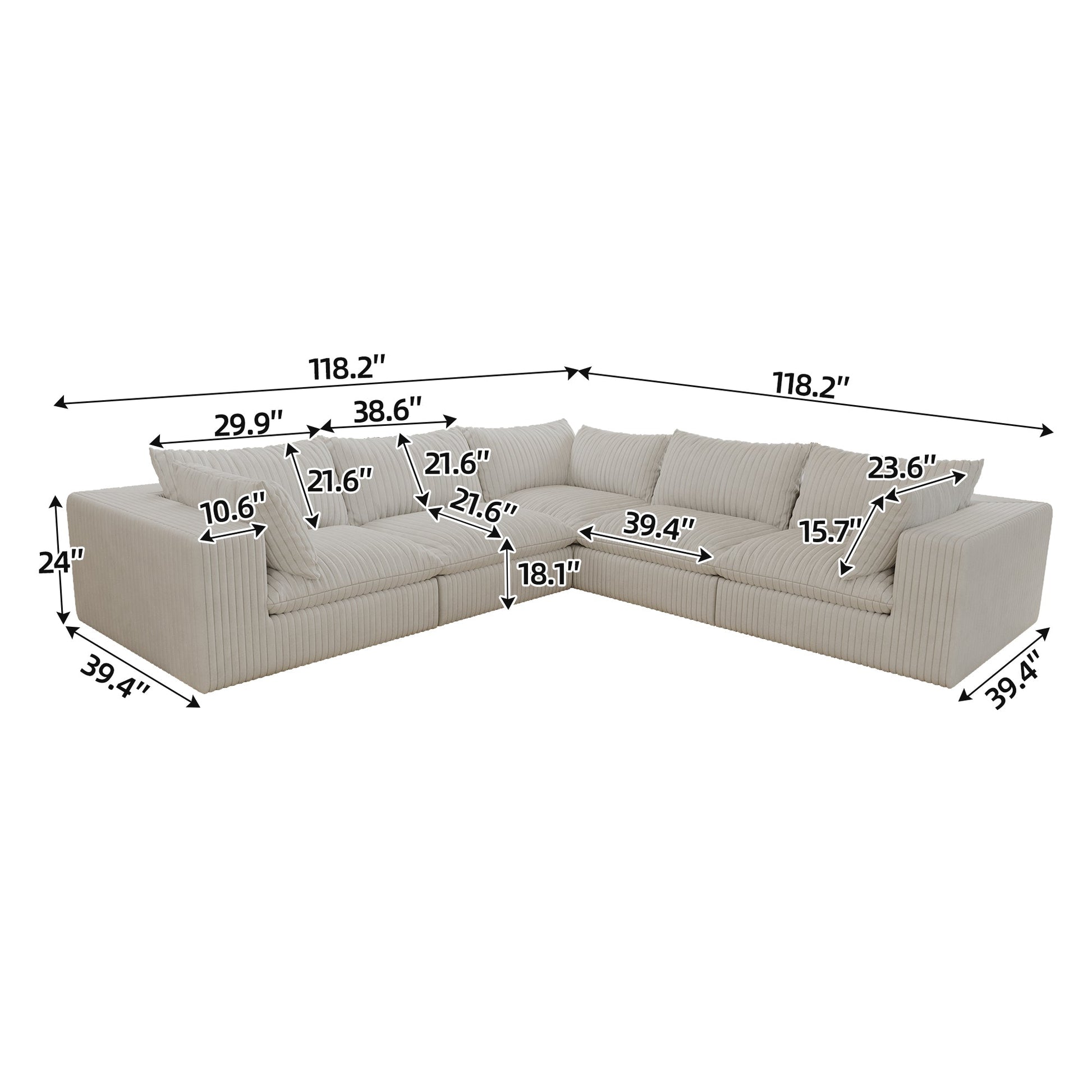 118.2' Cloud Sofa,Corduroy Fabric,Deep Seat Couches,Double-layer design,Removable Cushion,No Assembly, DIY Combination for Living room, Bedroom,Conference room ,Apartment,WHITE - Groovy Boardz