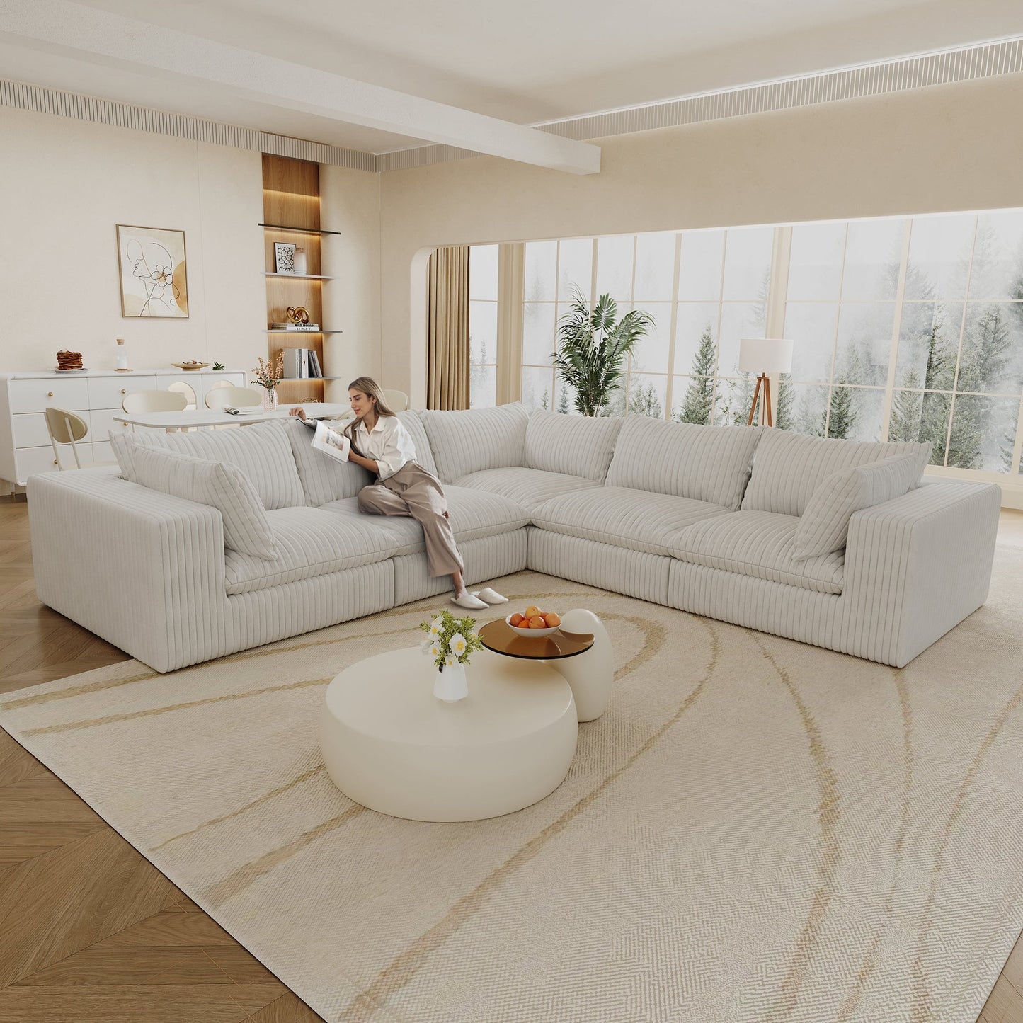 118.2' Cloud Sofa,Corduroy Fabric,Deep Seat Couches,Double-layer design,Removable Cushion,No Assembly, DIY Combination for Living room, Bedroom,Conference room ,Apartment,WHITE - Groovy Boardz