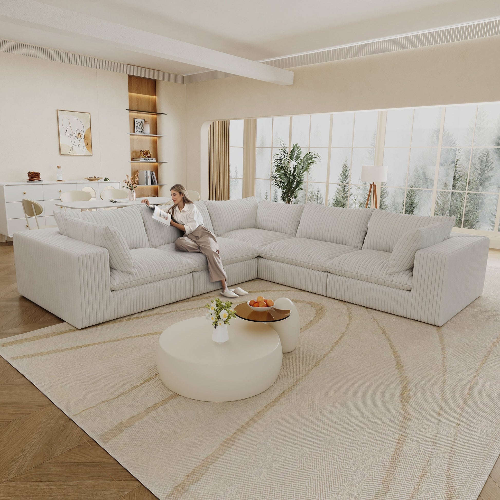 118.2' Cloud Sofa,Corduroy Fabric,Deep Seat Couches,Double-layer design,Removable Cushion,No Assembly, DIY Combination for Living room, Bedroom,Conference room ,Apartment,WHITE - Groovy Boardz