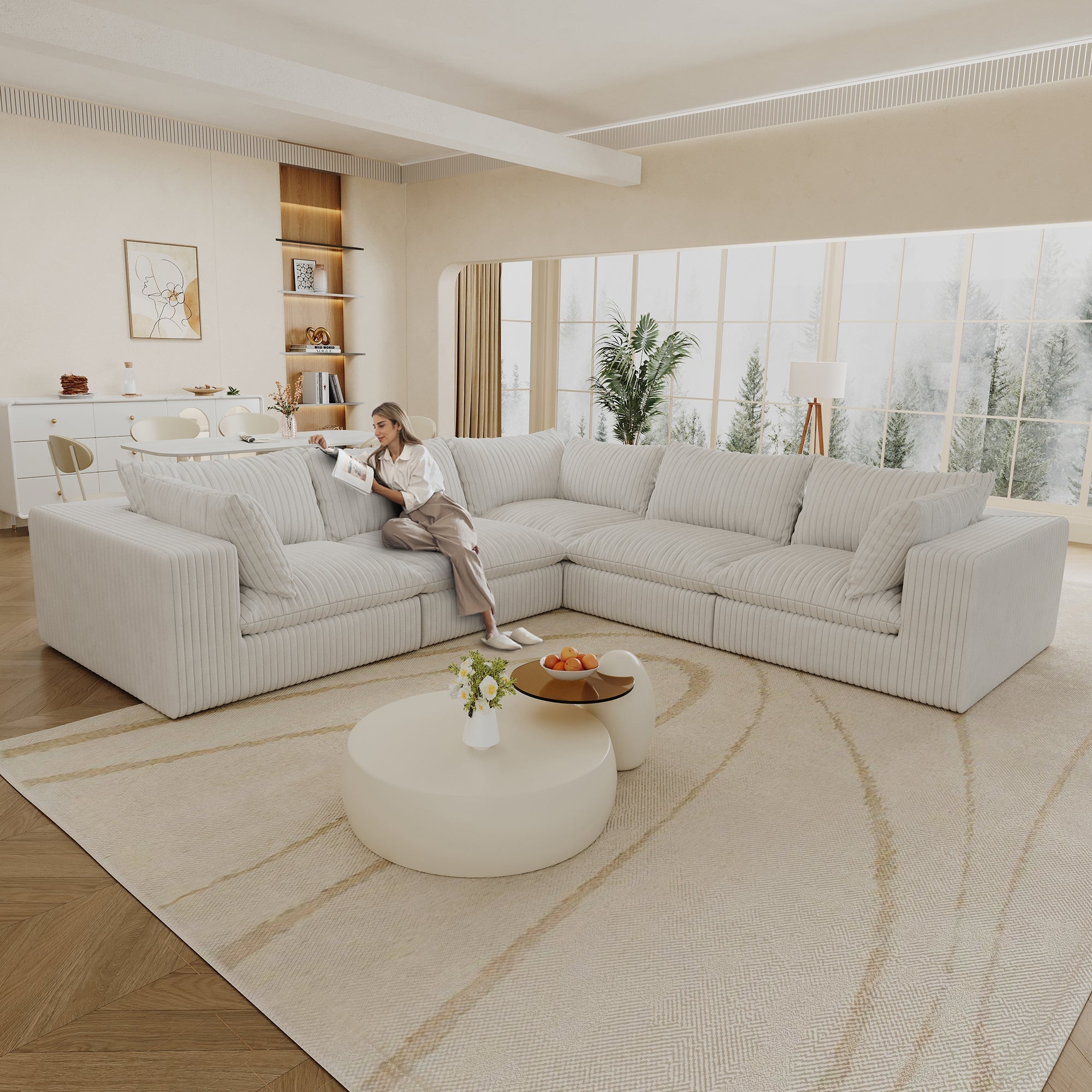 118.2' Cloud Sofa,Corduroy Fabric,Deep Seat Couches,Double-layer design,Removable Cushion,No Assembly, DIY Combination for Living room, Bedroom,Conference room ,Apartment,WHITE - Groovy Boardz