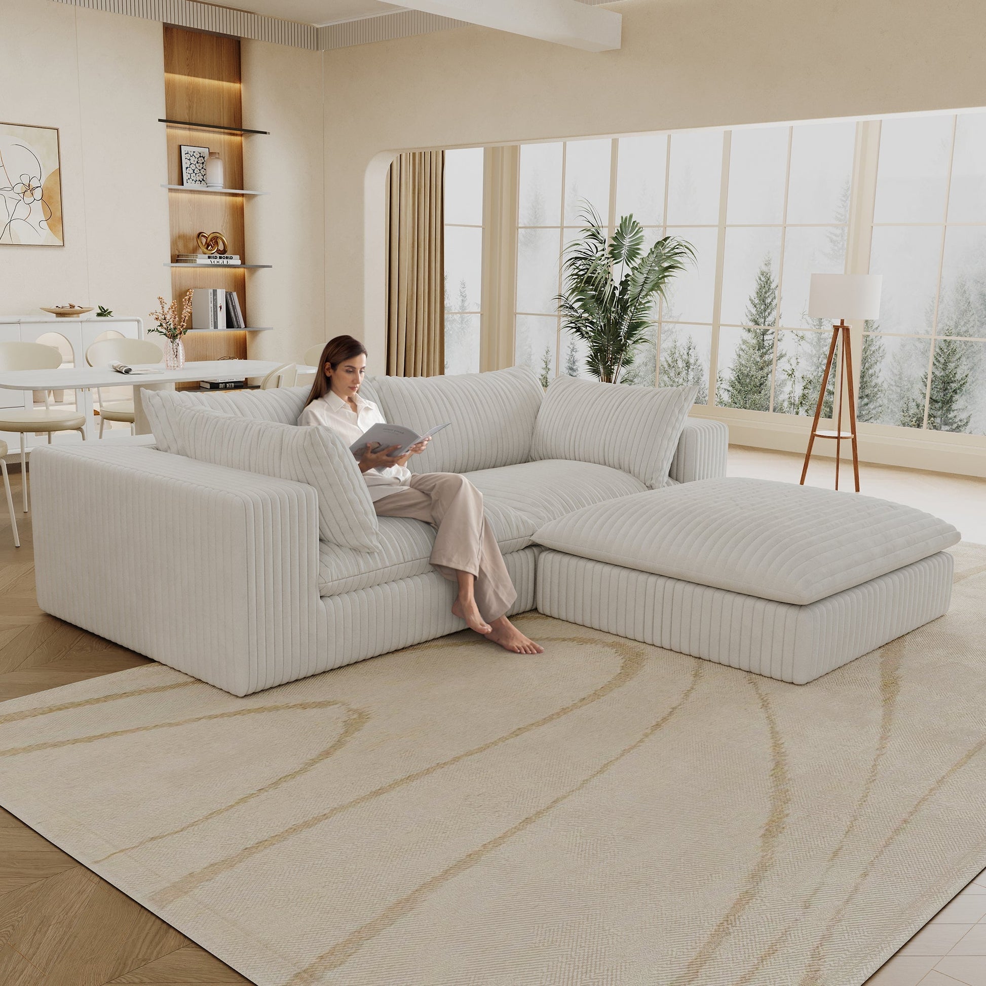 39.8' Cloud Sofa,Corduroy Fabric,Deep Seat Couches,Double-layer design,Removable Cushion,No Assembly, DIY Combination for Living room, Bedroom,Conference room ,Apartment,White