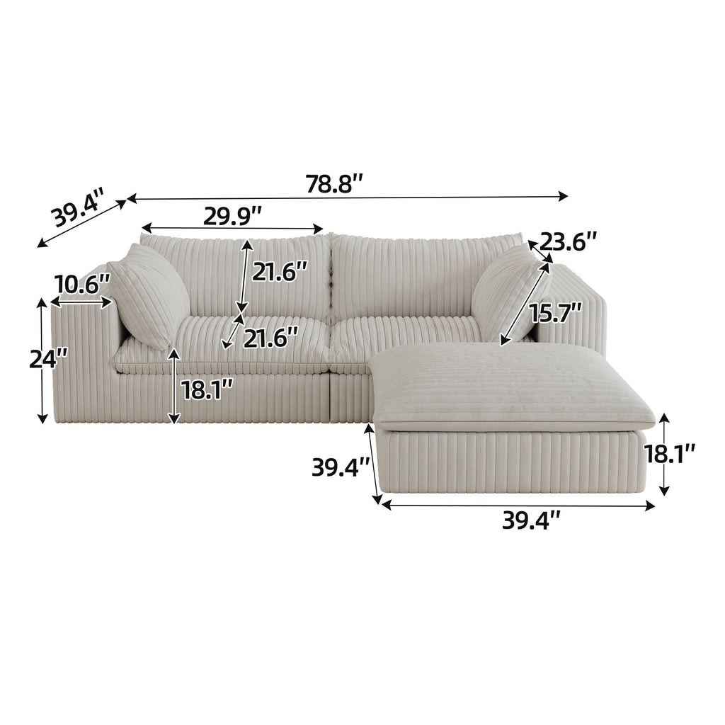 39.8' Cloud Sofa,Corduroy Fabric,Deep Seat Couches,Double-layer design,Removable Cushion,No Assembly, DIY Combination for Living room, Bedroom,Conference room ,Apartment,White