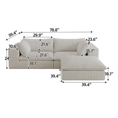 39.8' Cloud Sofa,Corduroy Fabric,Deep Seat Couches,Double-layer design,Removable Cushion,No Assembly, DIY Combination for Living room, Bedroom,Conference room ,Apartment,White
