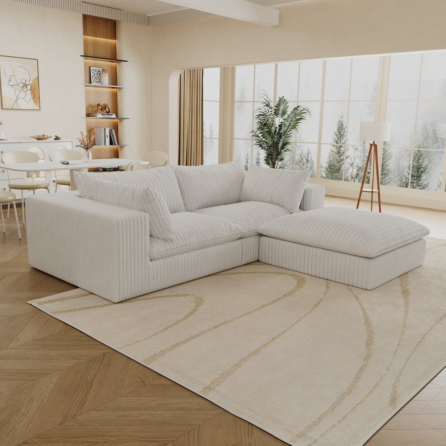 39.8' Cloud Sofa,Corduroy Fabric,Deep Seat Couches,Double-layer design,Removable Cushion,No Assembly, DIY Combination for Living room, Bedroom,Conference room ,Apartment,White