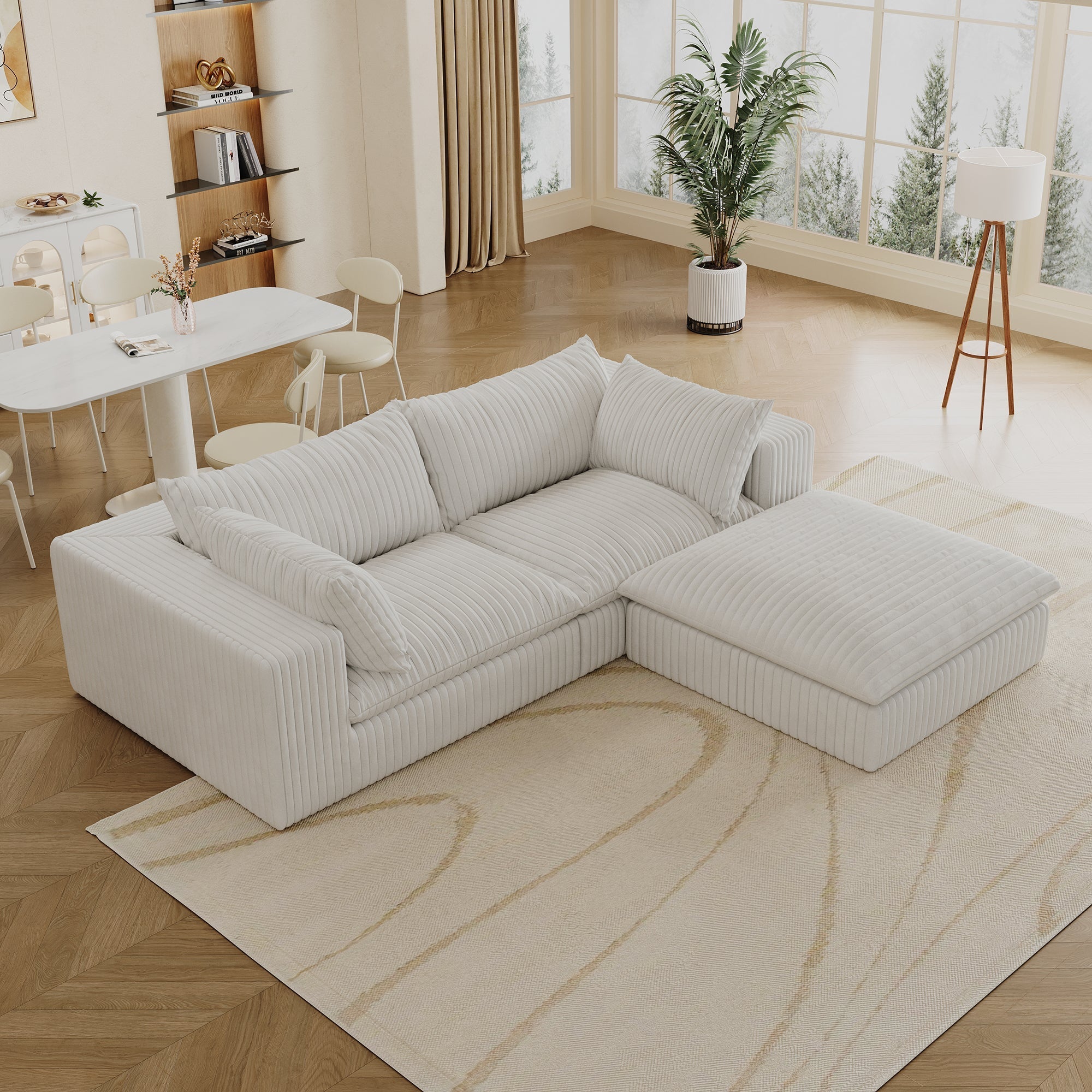 39.8' Cloud Sofa,Corduroy Fabric,Deep Seat Couches,Double-layer design,Removable Cushion,No Assembly, DIY Combination for Living room, Bedroom,Conference room ,Apartment,White