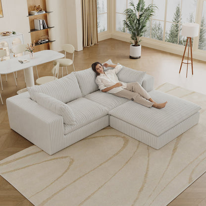 39.8' Cloud Sofa,Corduroy Fabric,Deep Seat Couches,Double-layer design,Removable Cushion,No Assembly, DIY Combination for Living room, Bedroom,Conference room ,Apartment,White