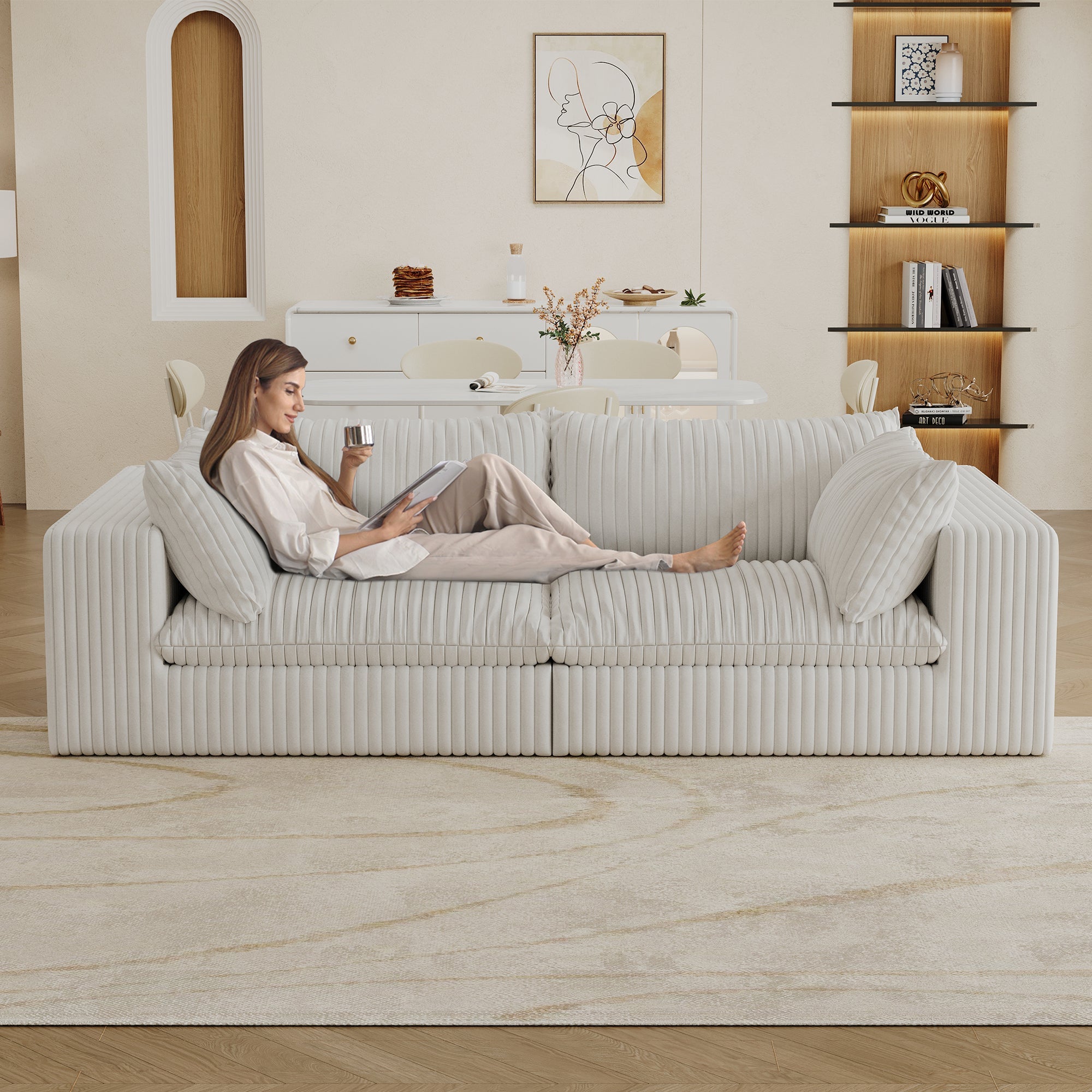 39.8' Cloud Sofa,Corduroy Fabric,Deep Seat Couches,Double-layer design,Removable Cushion,No Assembly, DIY Combination for Living room, Bedroom,Conference room ,Apartment,White - Groovy Boardz