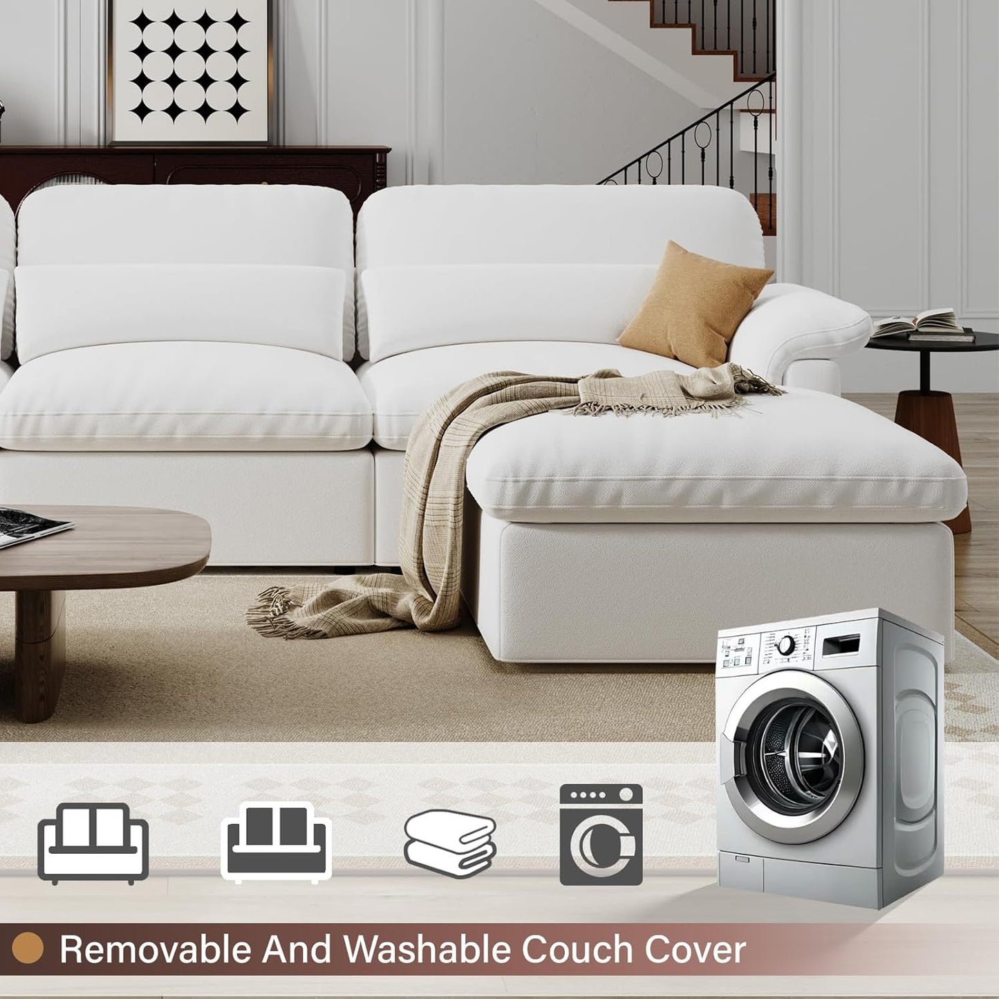 Cloud Sectional Sofa, Down-Filled Sofa, Living Room Modular Sofa, Minimalist Modern Style, Removable & Washable Sofa Cover, Chenille Fabric, Storage Function