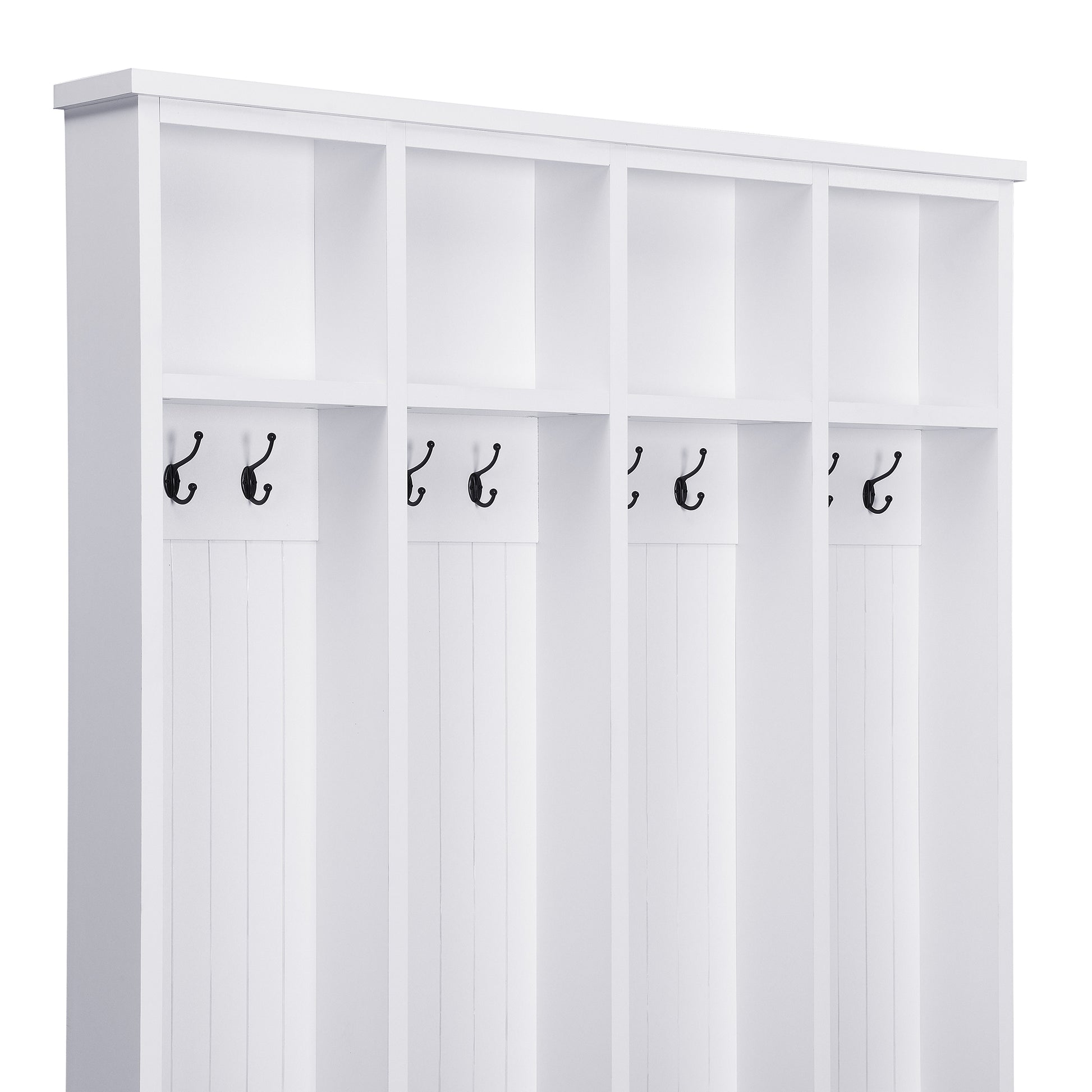 ON-TREND Farmhouse 59'W Wide Hall Tree with 8 Hooks, Practical Entryway Bench with Open Compartments, 76.7'H Modern 3-in-1 Wooden Style Coat and Shoe Rack for Mudroom, Living Room, White