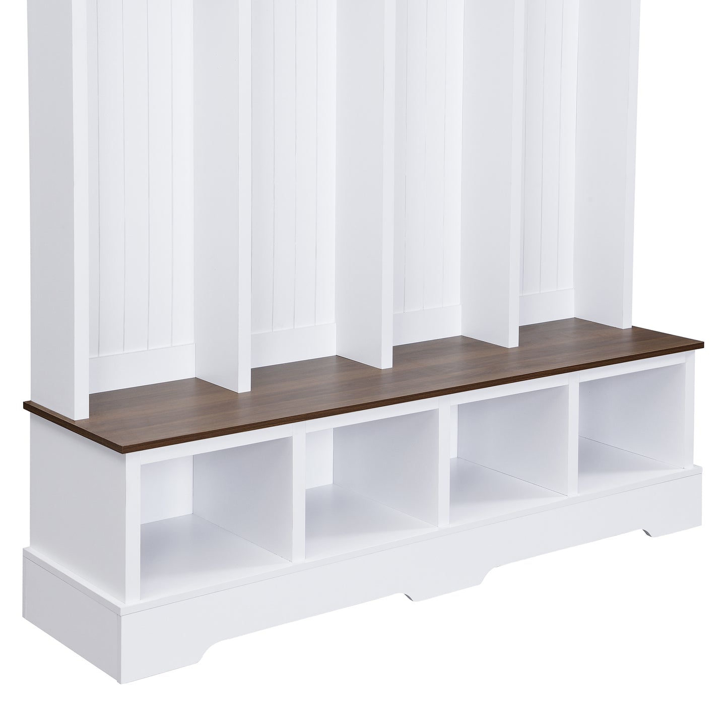 ON-TREND Farmhouse 59'W Wide Hall Tree with 8 Hooks, Practical Entryway Bench with Open Compartments, 76.7'H Modern 3-in-1 Wooden Style Coat and Shoe Rack for Mudroom, Living Room, White