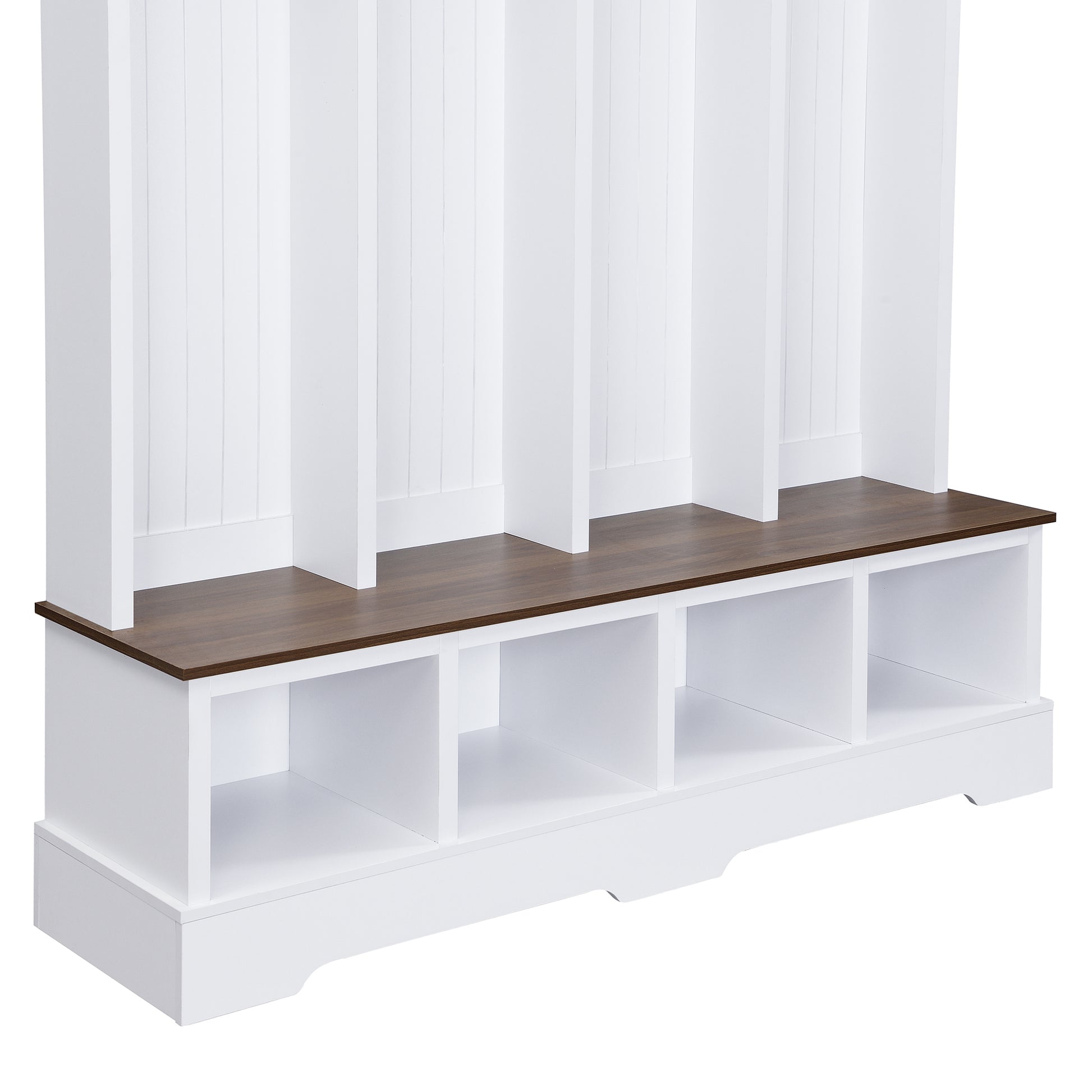 ON-TREND Farmhouse 59'W Wide Hall Tree with 8 Hooks, Practical Entryway Bench with Open Compartments, 76.7'H Modern 3-in-1 Wooden Style Coat and Shoe Rack for Mudroom, Living Room, White