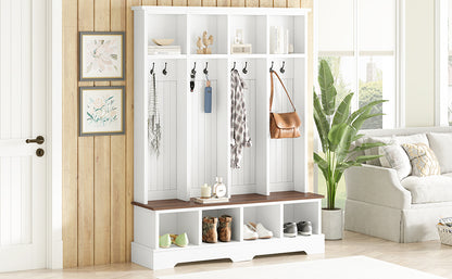 ON-TREND Farmhouse 59'W Wide Hall Tree with 8 Hooks, Practical Entryway Bench with Open Compartments, 76.7'H Modern 3-in-1 Wooden Style Coat and Shoe Rack for Mudroom, Living Room, White