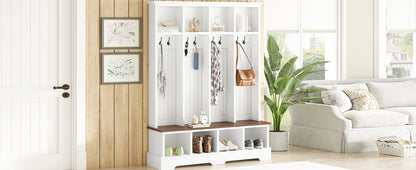 ON-TREND Farmhouse 59'W Wide Hall Tree with 8 Hooks, Practical Entryway Bench with Open Compartments, 76.7'H Modern 3-in-1 Wooden Style Coat and Shoe Rack for Mudroom, Living Room, White