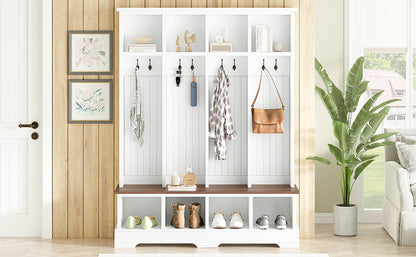 ON-TREND Farmhouse 59'W Wide Hall Tree with 8 Hooks, Practical Entryway Bench with Open Compartments, 76.7'H Modern 3-in-1 Wooden Style Coat and Shoe Rack for Mudroom, Living Room, White
