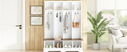 ON-TREND Farmhouse 59'W Wide Hall Tree with 8 Hooks, Practical Entryway Bench with Open Compartments, 76.7'H Modern 3-in-1 Wooden Style Coat and Shoe Rack for Mudroom, Living Room, White