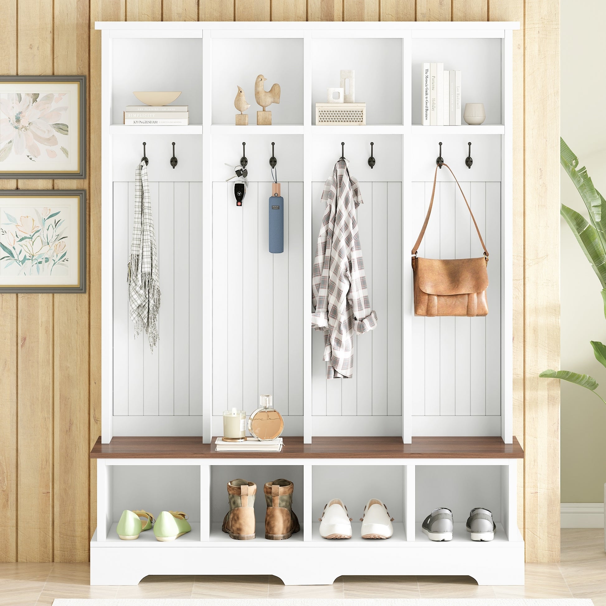 ON-TREND Farmhouse 59'W Wide Hall Tree with 8 Hooks, Practical Entryway Bench with Open Compartments, 76.7'H Modern 3-in-1 Wooden Style Coat and Shoe Rack for Mudroom, Living Room, White