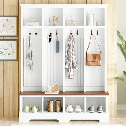 ON-TREND Farmhouse 59'W Wide Hall Tree with 8 Hooks, Practical Entryway Bench with Open Compartments, 76.7'H Modern 3-in-1 Wooden Style Coat and Shoe Rack for Mudroom, Living Room, White