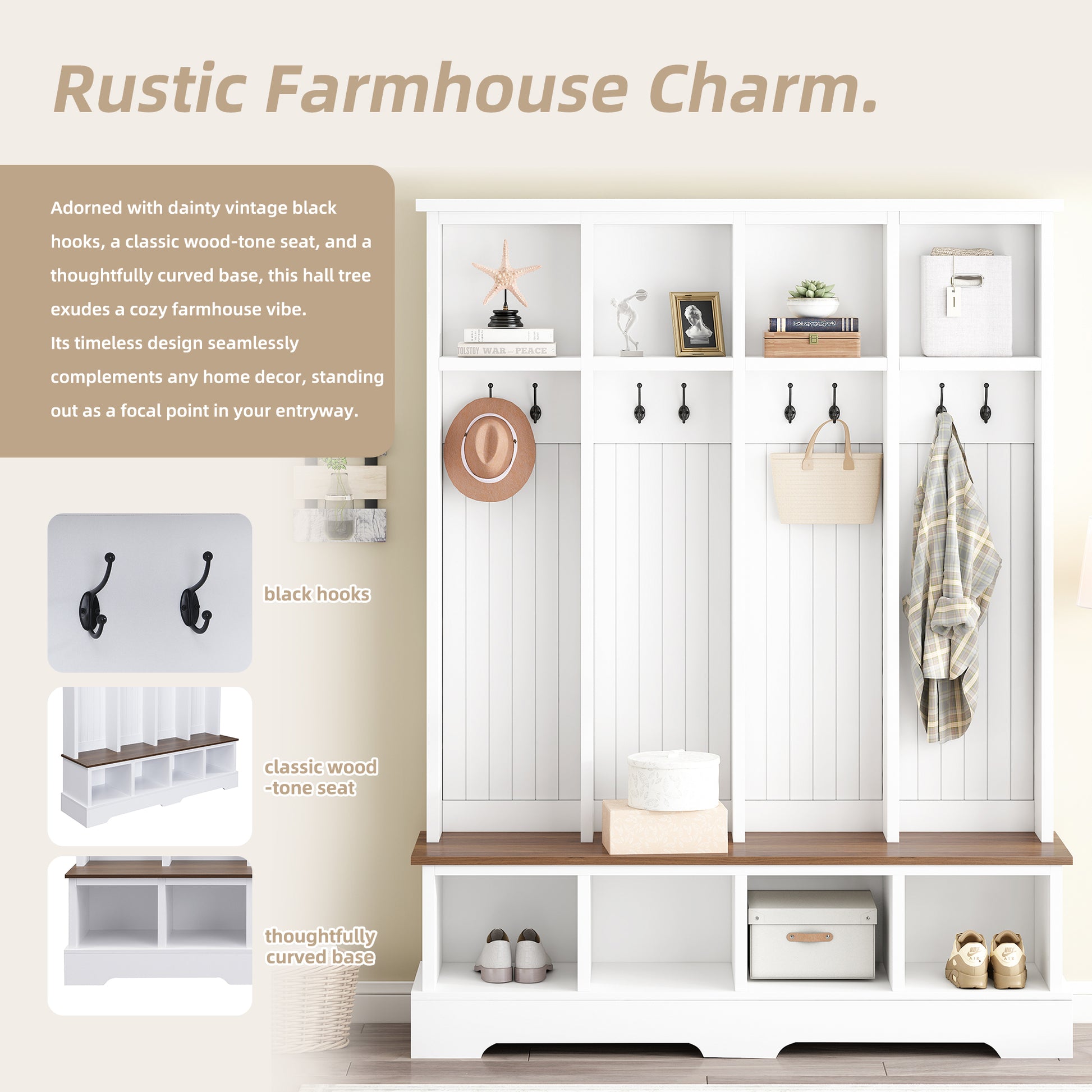 ON-TREND Farmhouse 59'W Wide Hall Tree with 8 Hooks, Practical Entryway Bench with Open Compartments, 76.7'H Modern 3-in-1 Wooden Style Coat and Shoe Rack for Mudroom, Living Room, White