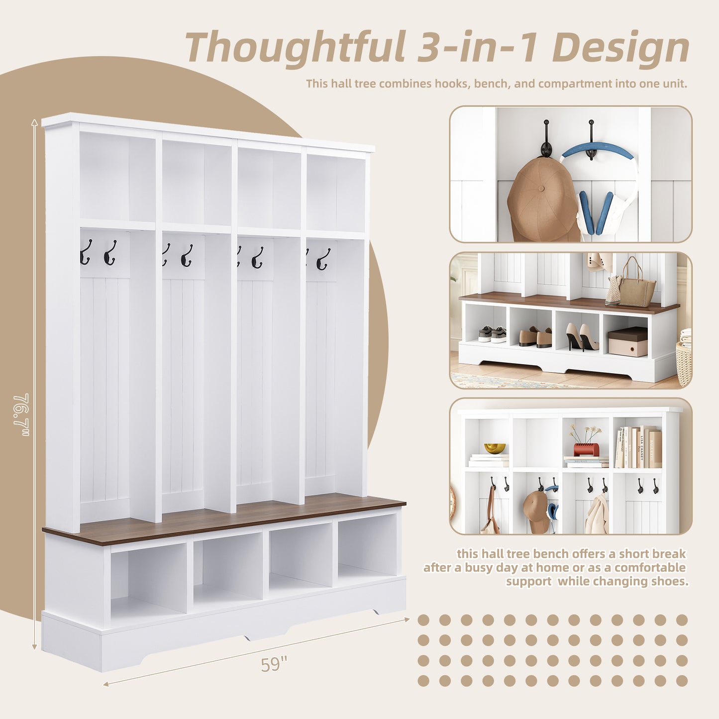 ON-TREND Farmhouse 59'W Wide Hall Tree with 8 Hooks, Practical Entryway Bench with Open Compartments, 76.7'H Modern 3-in-1 Wooden Style Coat and Shoe Rack for Mudroom, Living Room, White