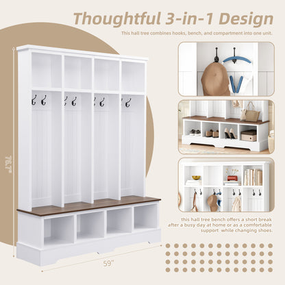 ON-TREND Farmhouse 59'W Wide Hall Tree with 8 Hooks, Practical Entryway Bench with Open Compartments, 76.7'H Modern 3-in-1 Wooden Style Coat and Shoe Rack for Mudroom, Living Room, White