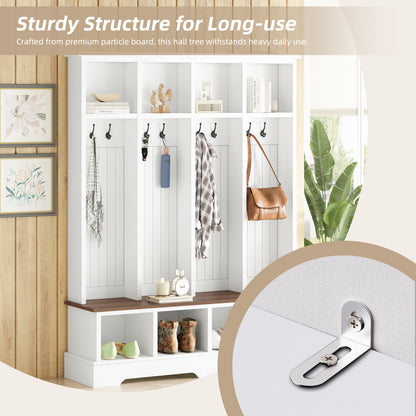 ON-TREND Farmhouse 59'W Wide Hall Tree with 8 Hooks, Practical Entryway Bench with Open Compartments, 76.7'H Modern 3-in-1 Wooden Style Coat and Shoe Rack for Mudroom, Living Room, White