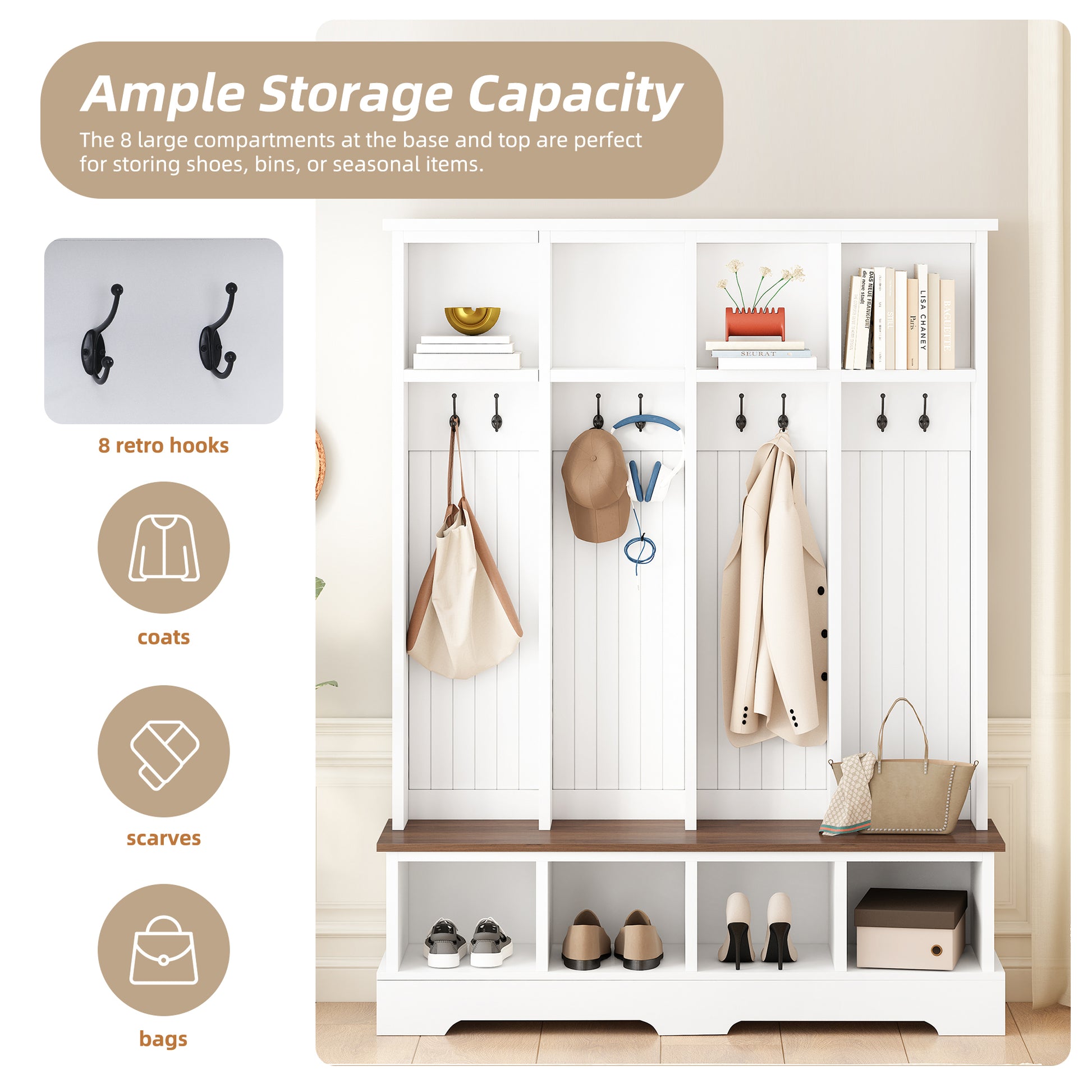 ON-TREND Farmhouse 59'W Wide Hall Tree with 8 Hooks, Practical Entryway Bench with Open Compartments, 76.7'H Modern 3-in-1 Wooden Style Coat and Shoe Rack for Mudroom, Living Room, White