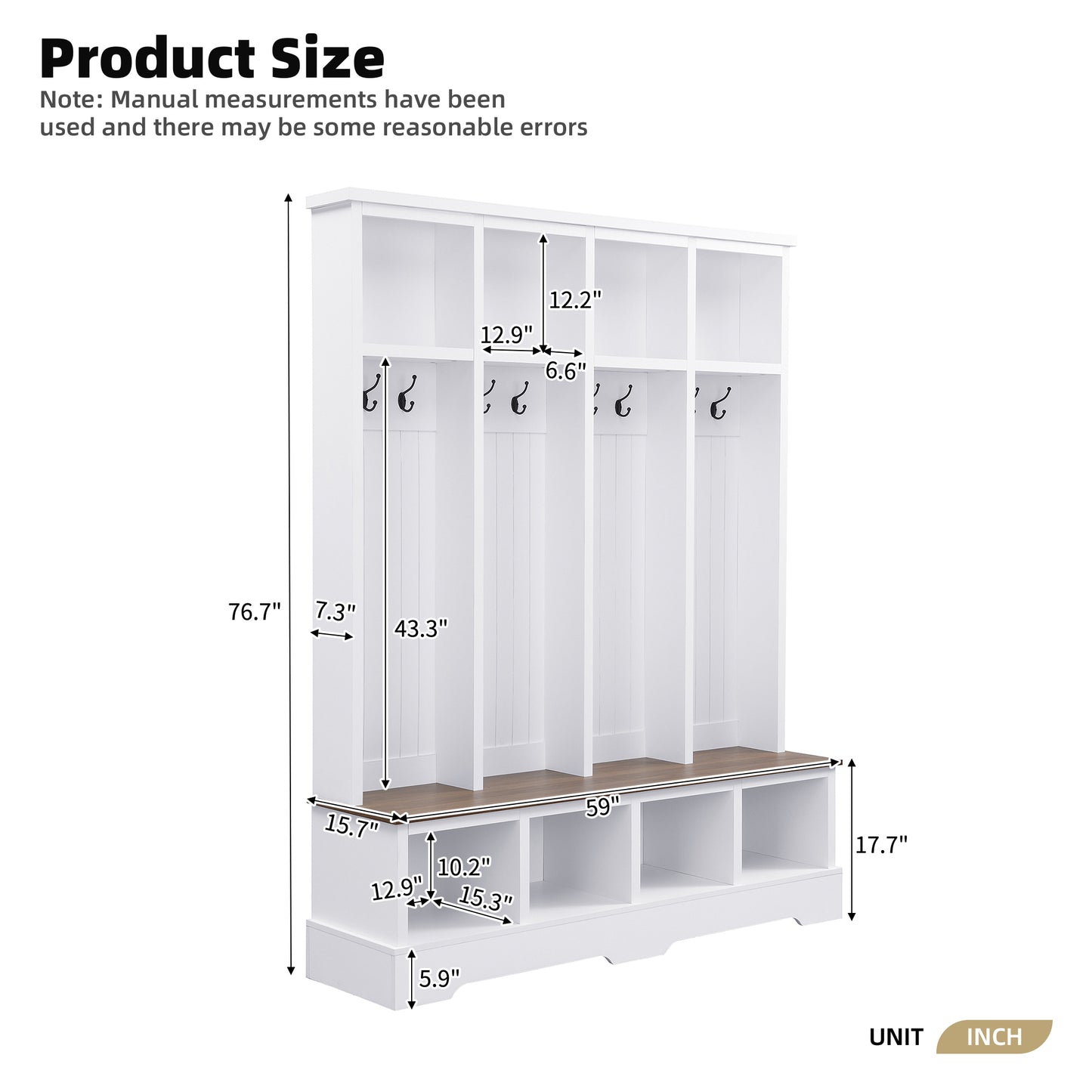 ON-TREND Farmhouse 59'W Wide Hall Tree with 8 Hooks, Practical Entryway Bench with Open Compartments, 76.7'H Modern 3-in-1 Wooden Style Coat and Shoe Rack for Mudroom, Living Room, White