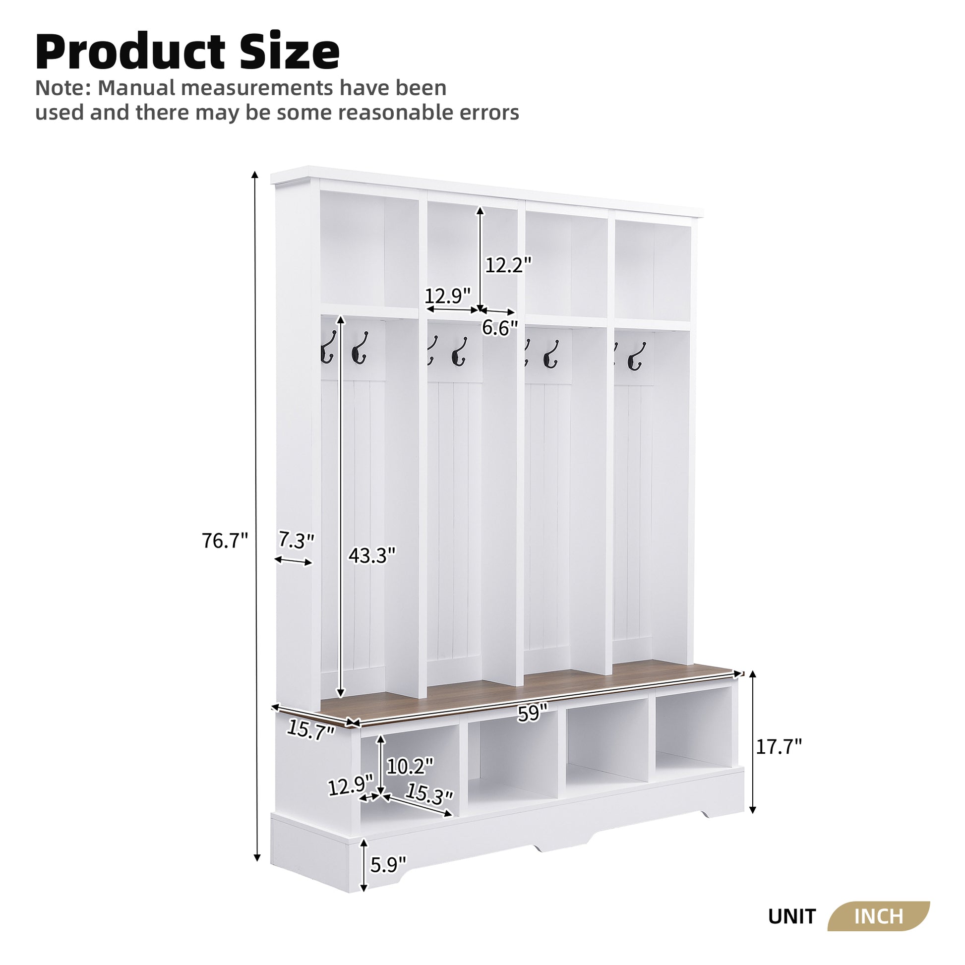 ON-TREND Farmhouse 59'W Wide Hall Tree with 8 Hooks, Practical Entryway Bench with Open Compartments, 76.7'H Modern 3-in-1 Wooden Style Coat and Shoe Rack for Mudroom, Living Room, White