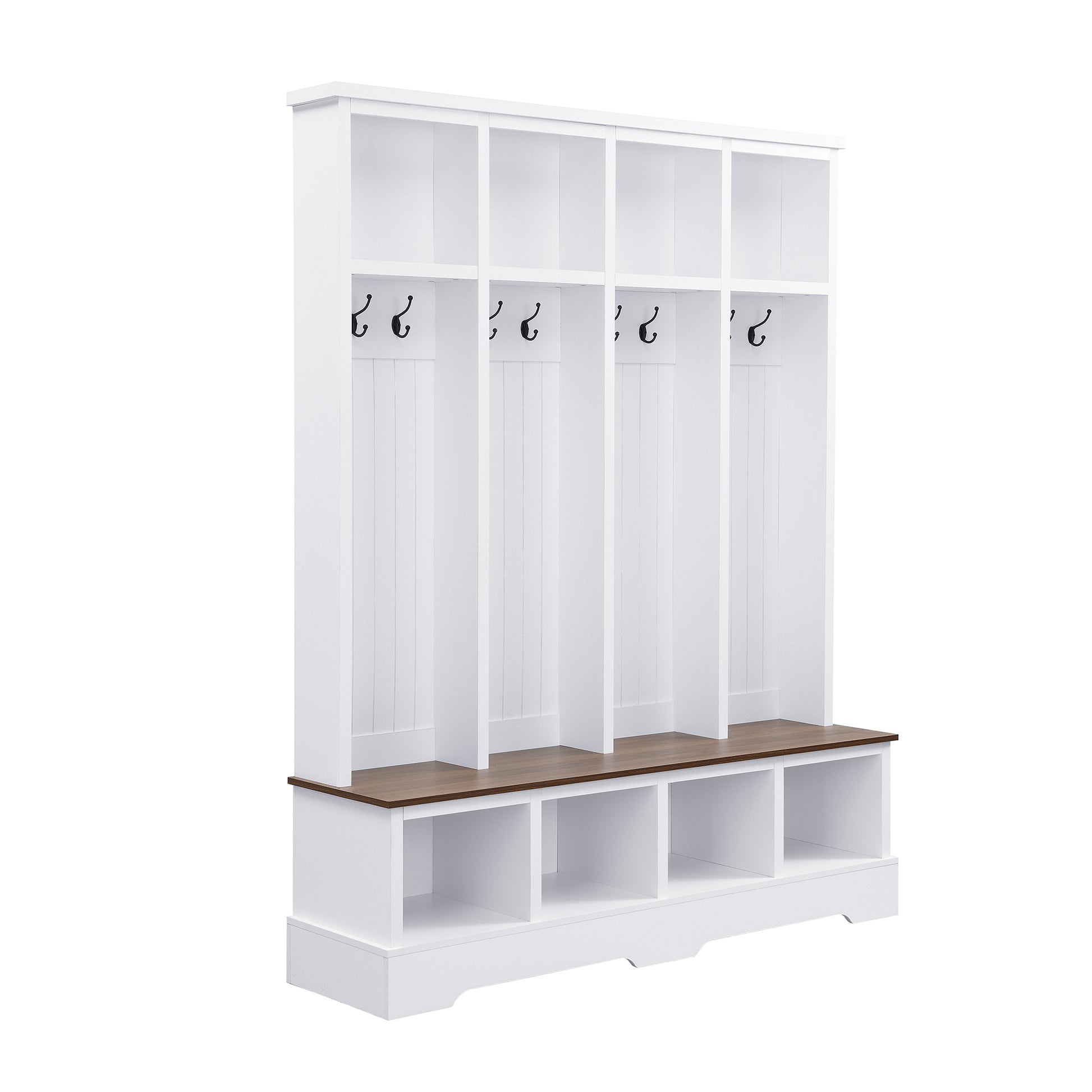 ON-TREND Farmhouse 59'W Wide Hall Tree with 8 Hooks, Practical Entryway Bench with Open Compartments, 76.7'H Modern 3-in-1 Wooden Style Coat and Shoe Rack for Mudroom, Living Room, White