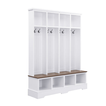 ON-TREND Farmhouse 59'W Wide Hall Tree with 8 Hooks, Practical Entryway Bench with Open Compartments, 76.7'H Modern 3-in-1 Wooden Style Coat and Shoe Rack for Mudroom, Living Room, White