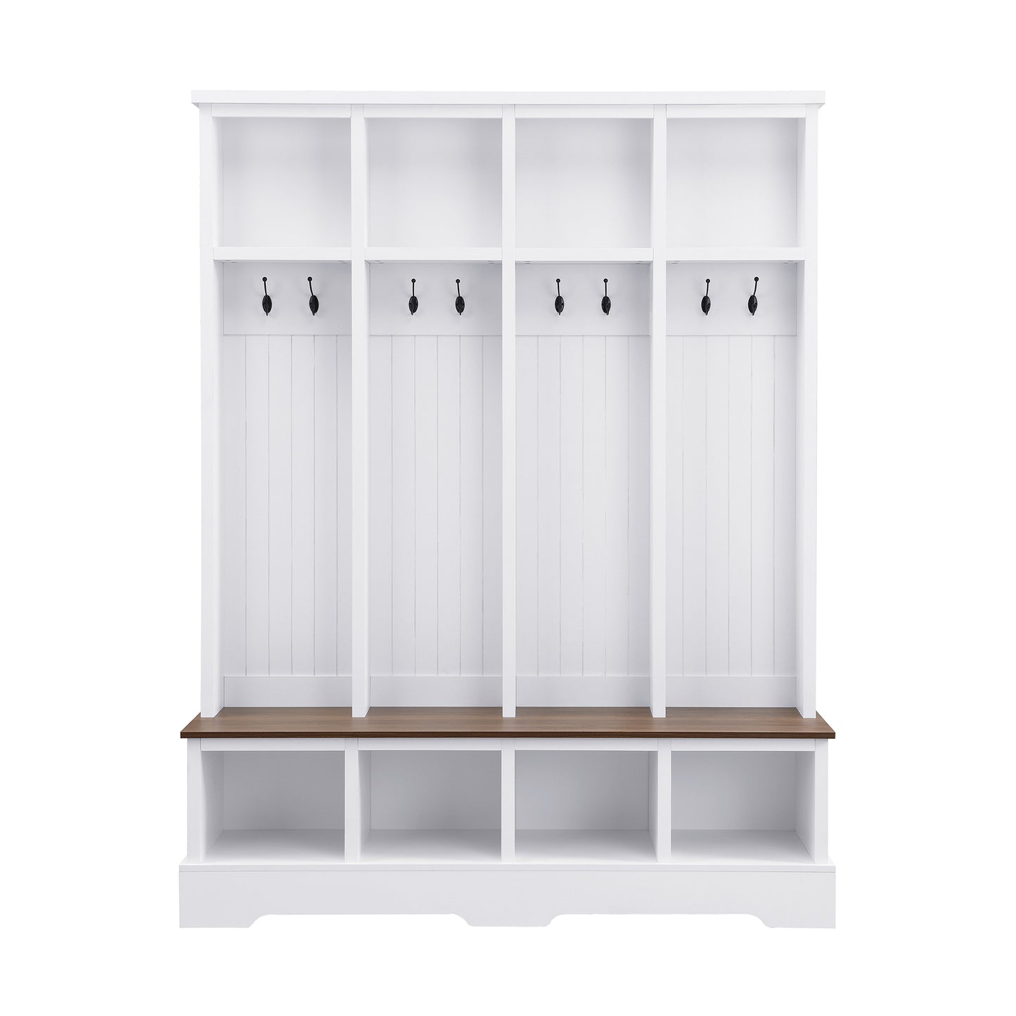 ON-TREND Farmhouse 59'W Wide Hall Tree with 8 Hooks, Practical Entryway Bench with Open Compartments, 76.7'H Modern 3-in-1 Wooden Style Coat and Shoe Rack for Mudroom, Living Room, White