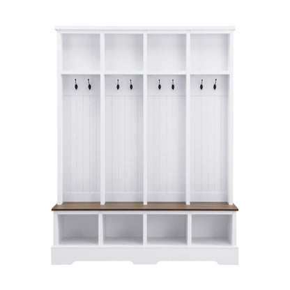 ON-TREND Farmhouse 59'W Wide Hall Tree with 8 Hooks, Practical Entryway Bench with Open Compartments, 76.7'H Modern 3-in-1 Wooden Style Coat and Shoe Rack for Mudroom, Living Room, White
