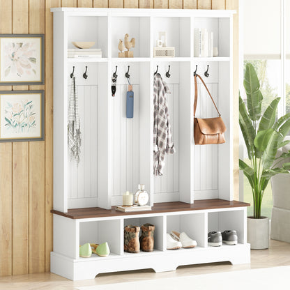 ON-TREND Farmhouse 59'W Wide Hall Tree with 8 Hooks, Practical Entryway Bench with Open Compartments, 76.7'H Modern 3-in-1 Wooden Style Coat and Shoe Rack for Mudroom, Living Room, White