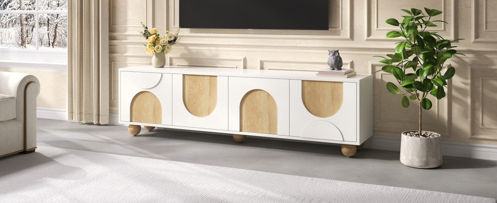 Farmhouse TV Stand with Cable Holes for TVs up to 75', Cream Style Media Console with Rebound Device, Elegant Entertainment Center with 5 Solid Wood Legs for Living Room, Bedroom, White, 69.6'W