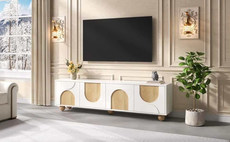 Farmhouse TV Stand with Cable Holes for TVs up to 75', Cream Style Media Console with Rebound Device, Elegant Entertainment Center with 5 Solid Wood Legs for Living Room, Bedroom, White, 69.6'W