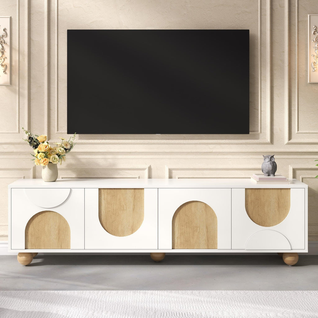 Farmhouse TV Stand with Cable Holes for TVs up to 75', Cream Style Media Console with Rebound Device, Elegant Entertainment Center with 5 Solid Wood Legs for Living Room, Bedroom, White, 69.6'W