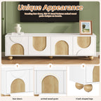 Farmhouse TV Stand with Cable Holes for TVs up to 75', Cream Style Media Console with Rebound Device, Elegant Entertainment Center with 5 Solid Wood Legs for Living Room, Bedroom, White, 69.6'W