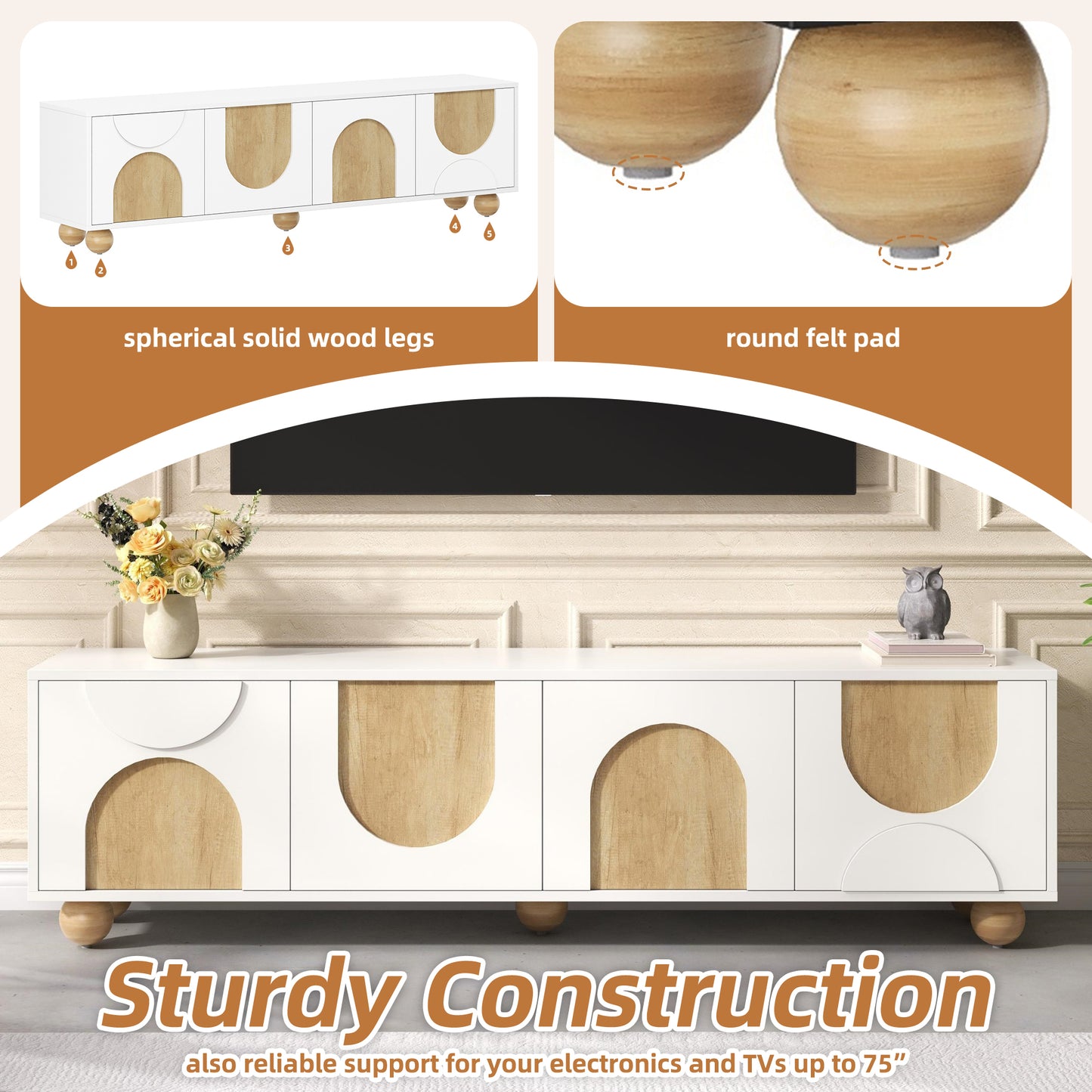 Farmhouse TV Stand with Cable Holes for TVs up to 75', Cream Style Media Console with Rebound Device, Elegant Entertainment Center with 5 Solid Wood Legs for Living Room, Bedroom, White, 69.6'W