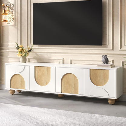 Farmhouse TV Stand with Cable Holes for TVs up to 75', Cream Style Media Console with Rebound Device, Elegant Entertainment Center with 5 Solid Wood Legs for Living Room, Bedroom, White, 69.6'W