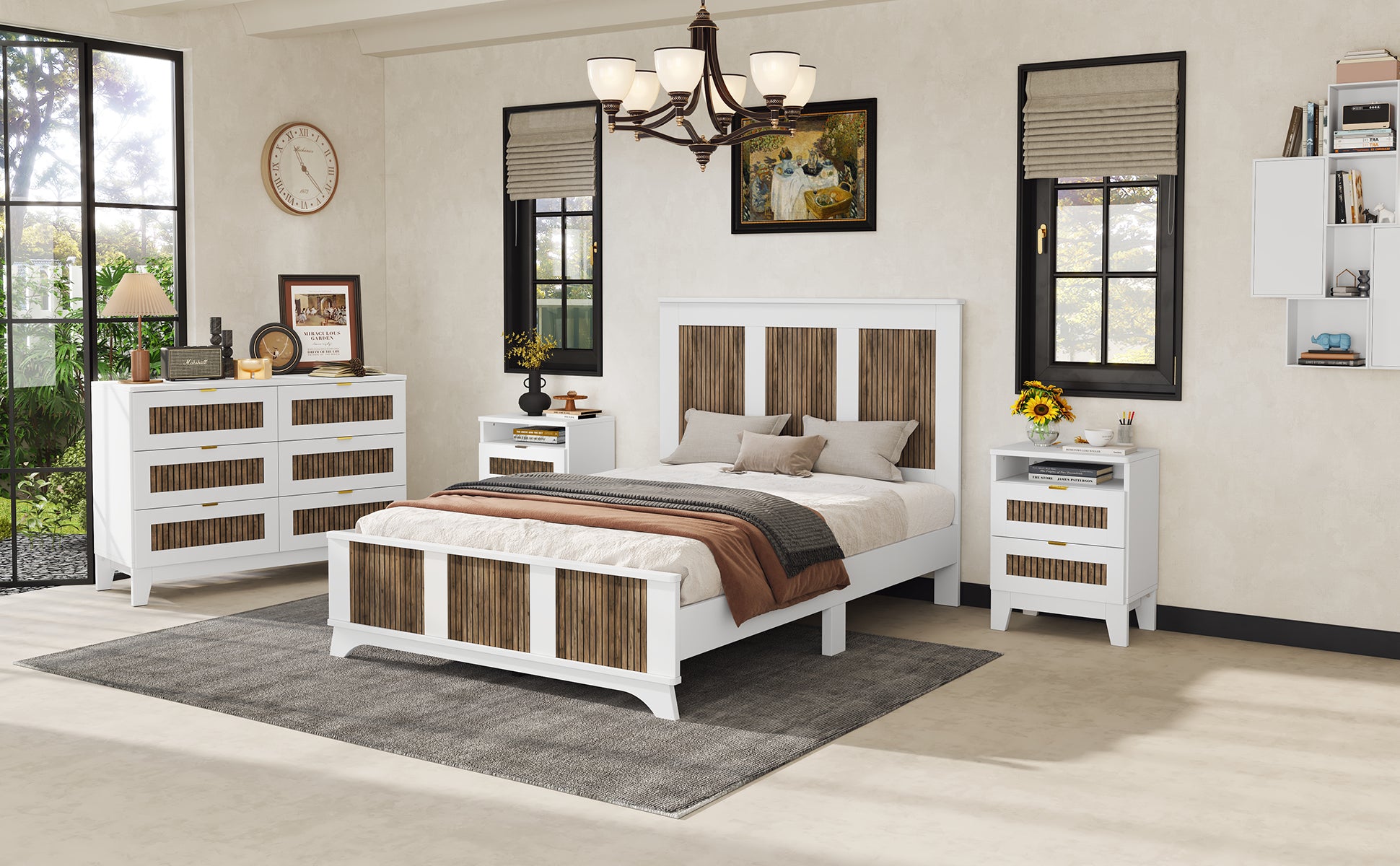 Farmhouse Wooden Platform Full Size Bed, Modern Platform Bed with Wooden Strip Decoration, Plywood Slats Support, White