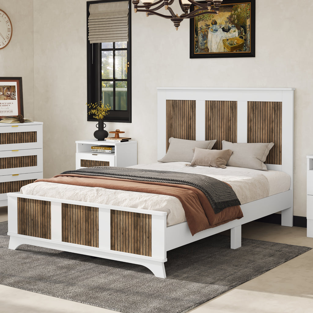 Farmhouse Wooden Platform Full Size Bed, Modern Platform Bed with Wooden Strip Decoration, Plywood Slats Support, White
