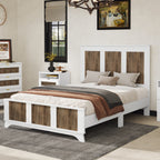 Farmhouse Wooden Platform Full Size Bed, Modern Platform Bed with Wooden Strip Decoration, Plywood Slats Support, White