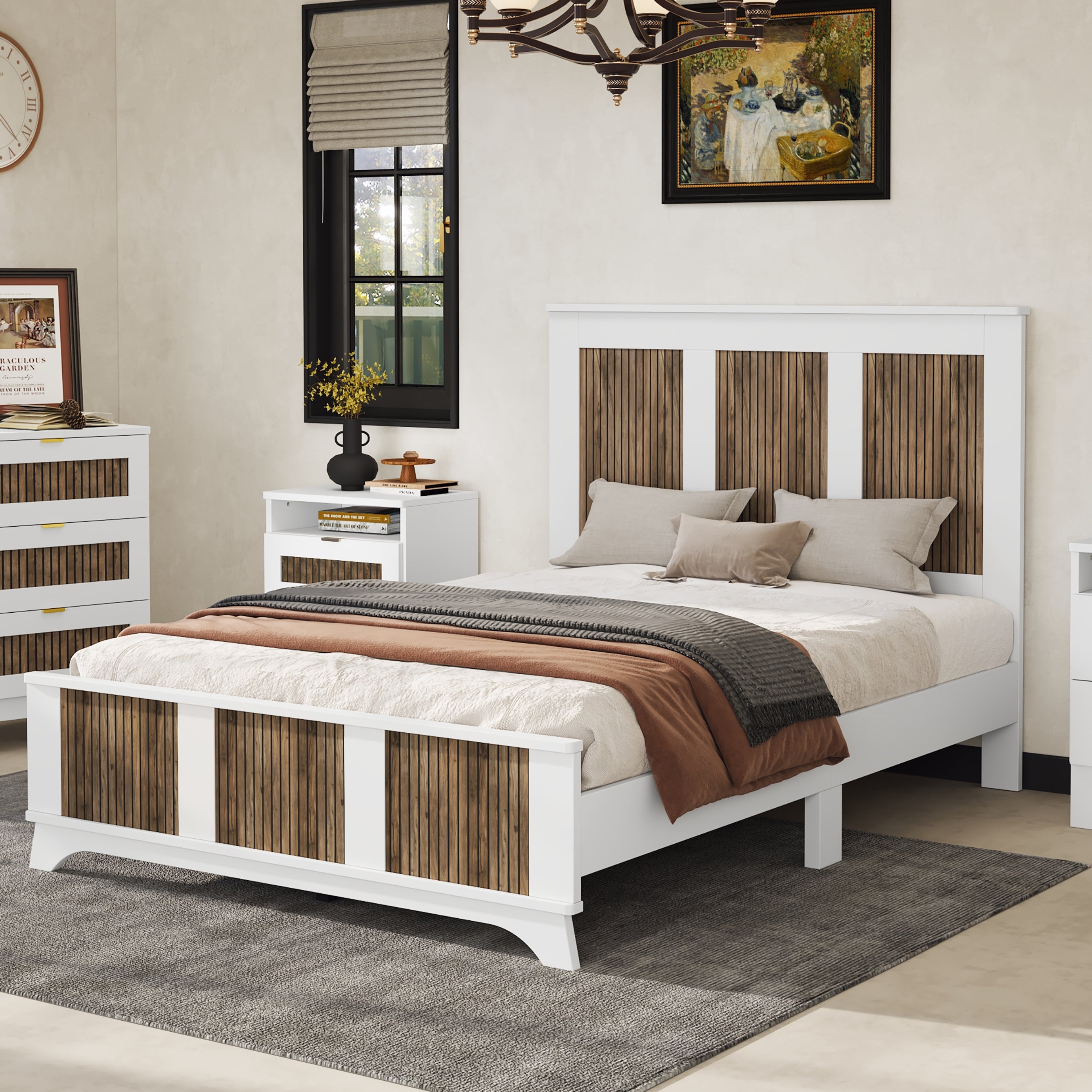 Farmhouse Wooden Platform Full Size Bed, Modern Platform Bed with Wooden Strip Decoration, Plywood Slats Support, White