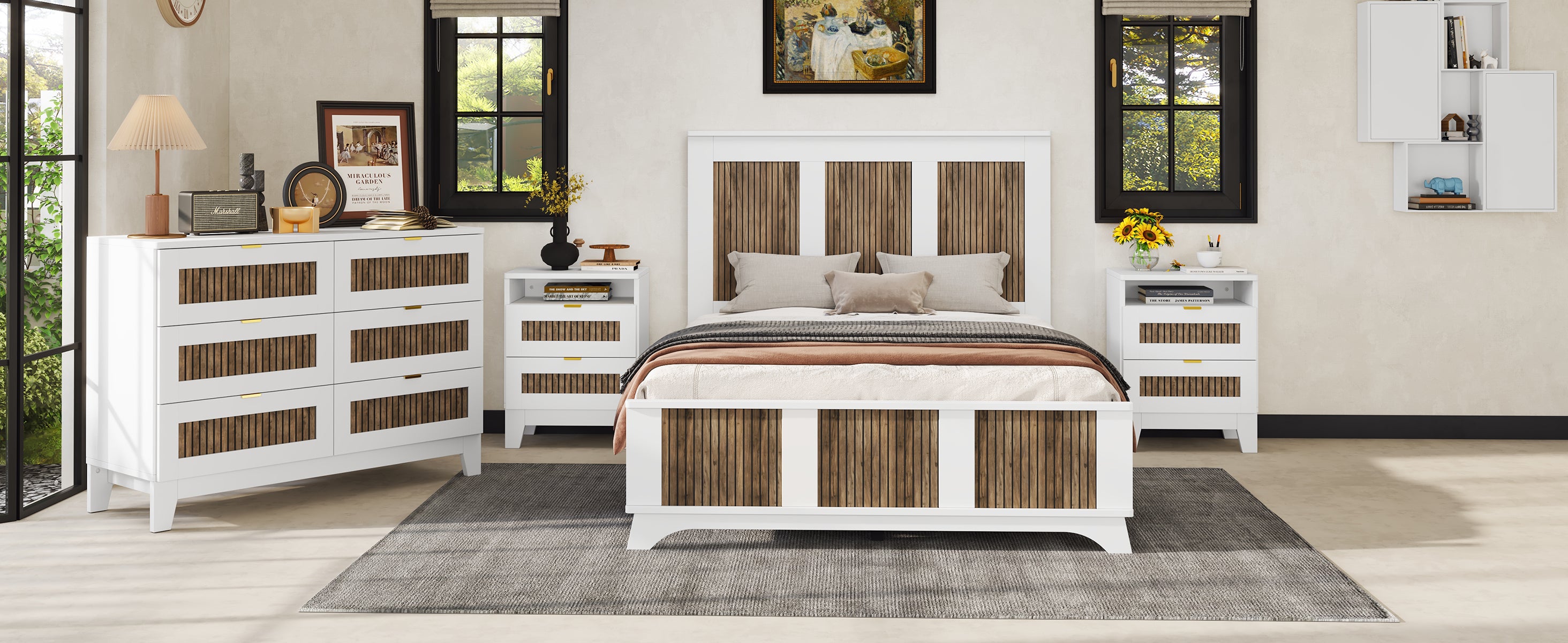 Farmhouse Wooden Platform Full Size Bed, Modern Platform Bed with Wooden Strip Decoration, Plywood Slats Support, White