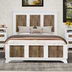 Farmhouse Wooden Platform Full Size Bed, Modern Platform Bed with Wooden Strip Decoration, Plywood Slats Support, White