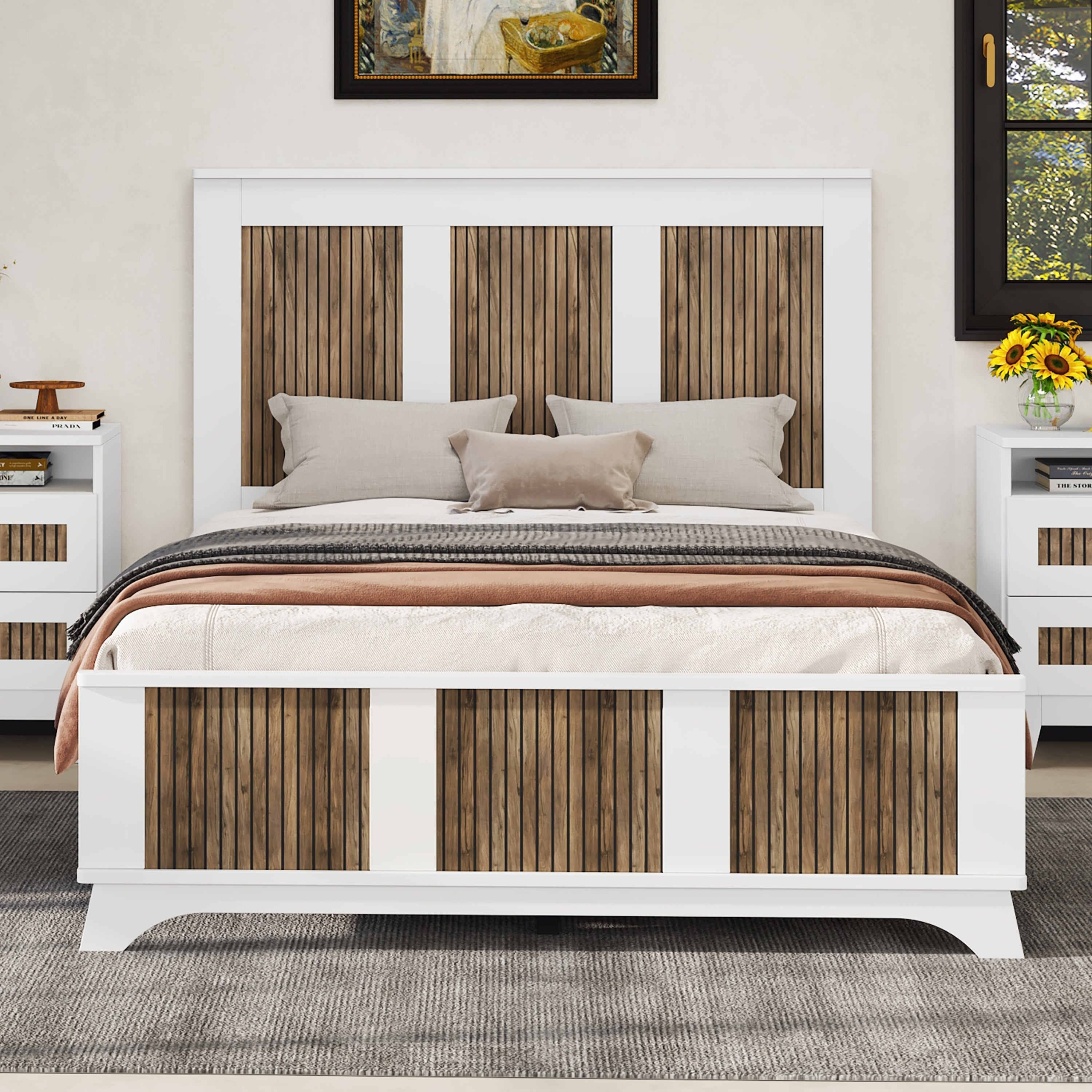 Farmhouse Wooden Platform Full Size Bed, Modern Platform Bed with Wooden Strip Decoration, Plywood Slats Support, White