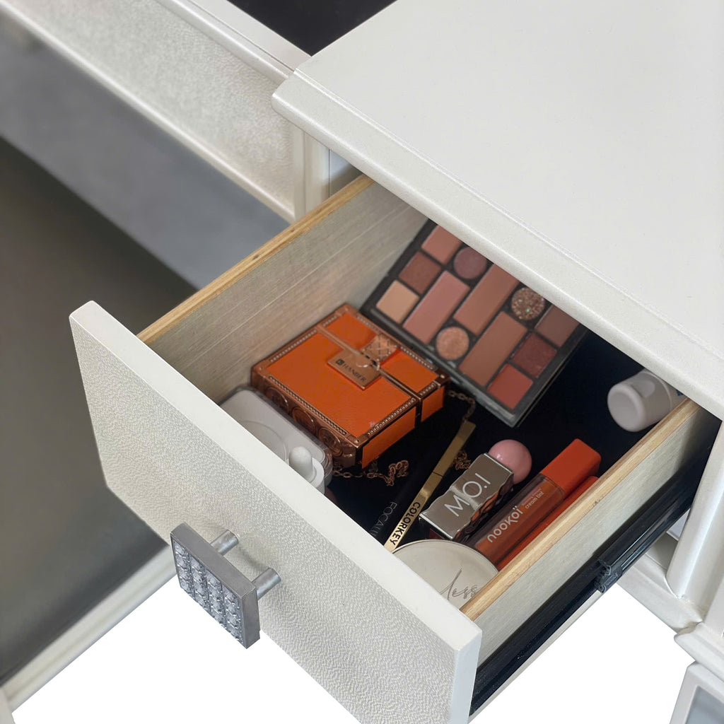 Mirrored Vanities Desk with Drawers, Bedroom Makeup Vanity Table Set with Mirror and Stool, Flip Up Dressing Table for Bedroom/Makeup Room, Working Desk for Women, Girl Furniture Combo