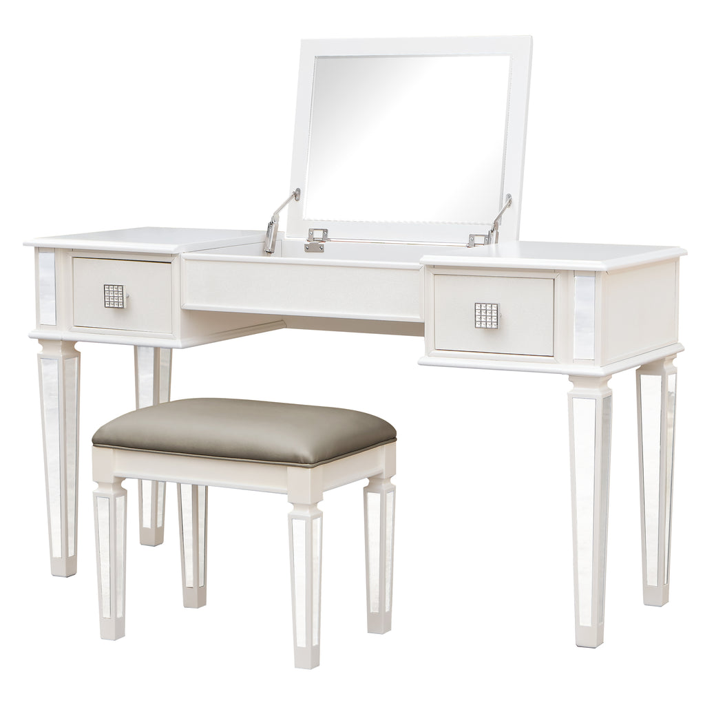 Mirrored Vanities Desk with Drawers, Bedroom Makeup Vanity Table Set with Mirror and Stool, Flip Up Dressing Table for Bedroom/Makeup Room, Working Desk for Women, Girl Furniture Combo