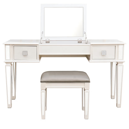 Mirrored Vanities Desk with Drawers, Bedroom Makeup Vanity Table Set with Mirror and Stool, Flip Up Dressing Table for Bedroom/Makeup Room, Working Desk for Women, Girl Furniture Combo