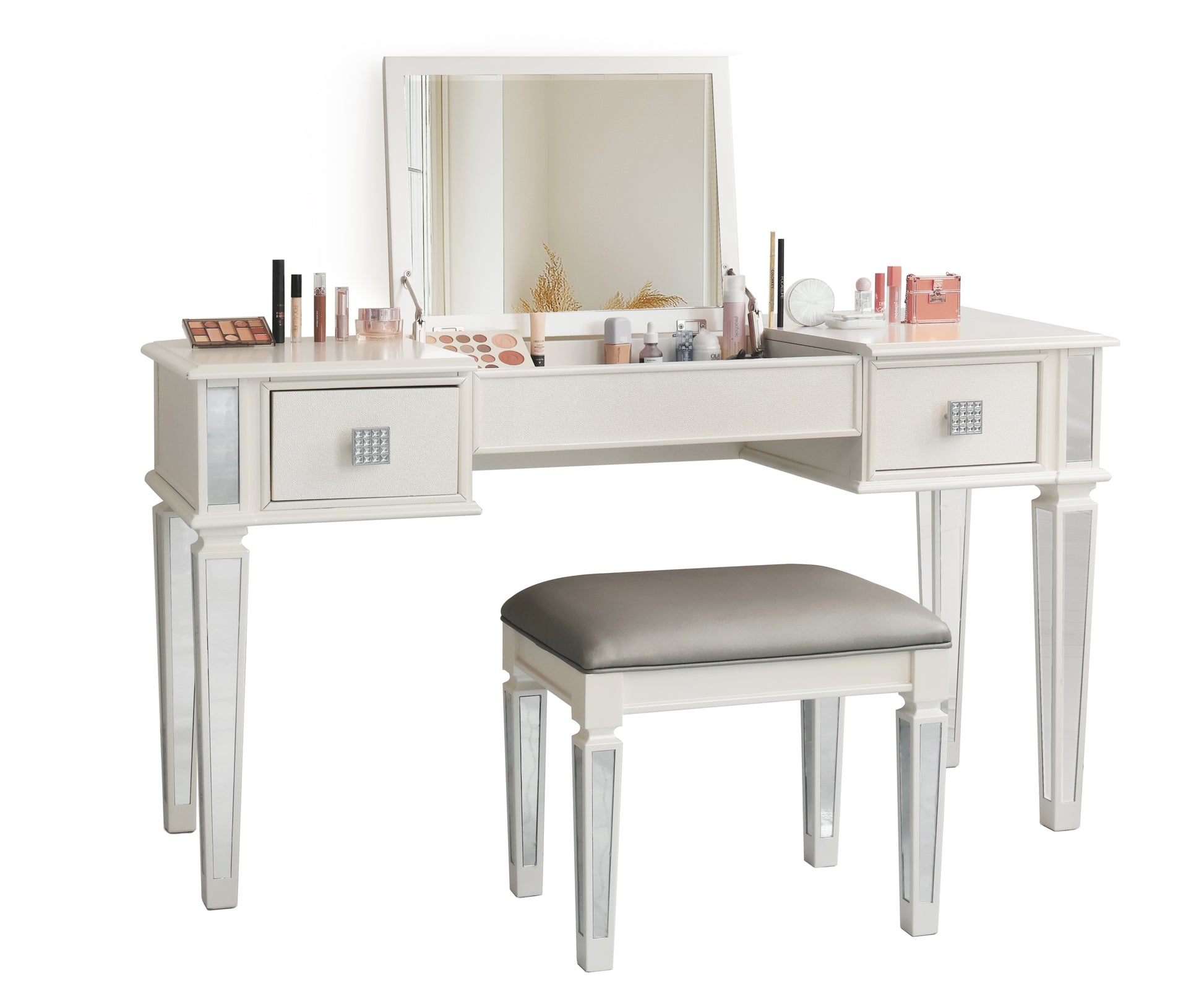 Mirrored Vanities Desk with Drawers, Bedroom Makeup Vanity Table Set with Mirror and Stool, Flip Up Dressing Table for Bedroom/Makeup Room, Working Desk for Women, Girl Furniture Combo